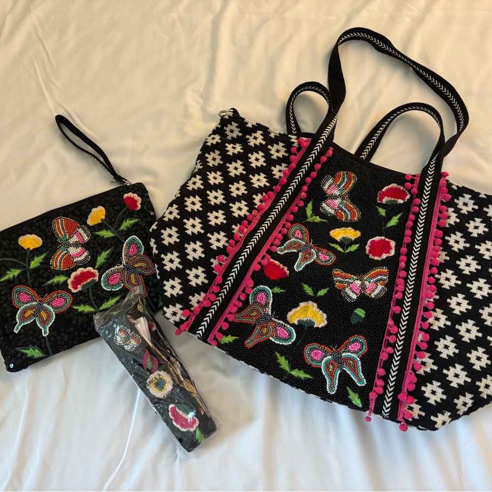 Embroidered Black and Pink Tote Bag Set